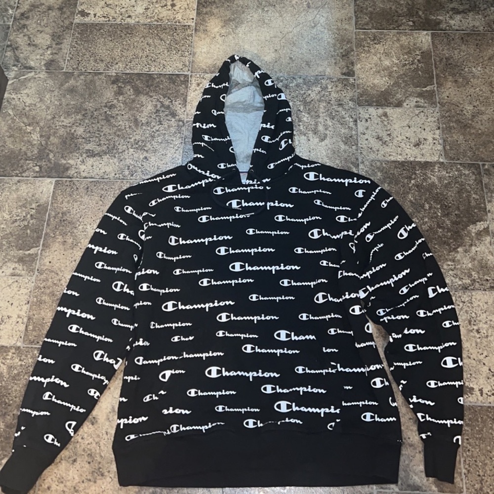 Champion Powerblend GF89H Graphic Fleece Pullover Hoodie - Black, L